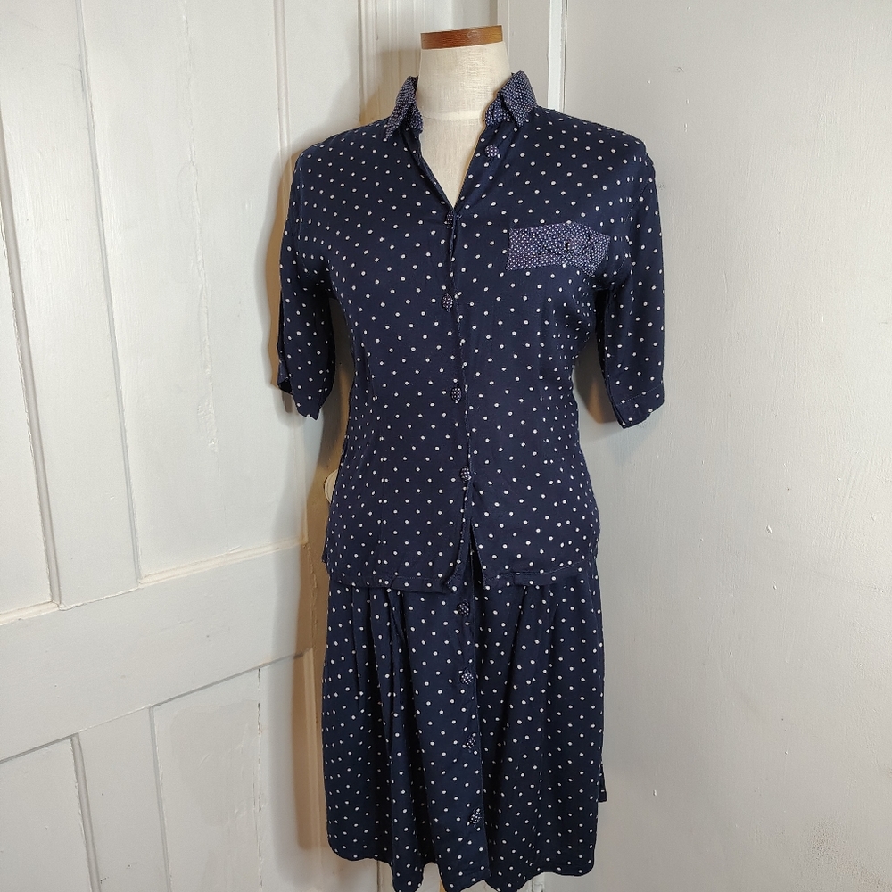 Vintage 80s Anegada's Skirt & Top Set Navy White Polka Dot Womens Size S